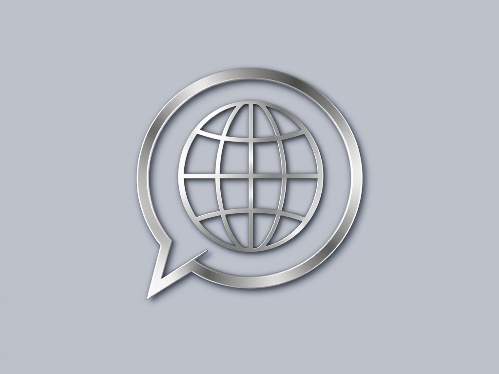Minimalist abstract symbol combining a speech bubble and a globe, smooth metallic gradients, clean lines, high-end corporate style, photorealistic 8k.